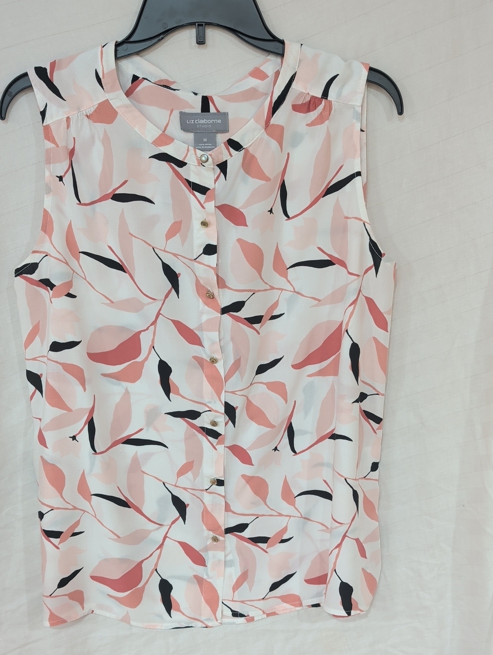 Liz Claiborne Pink and Black Leaf-Print Sleeveless Button Front Top Size M